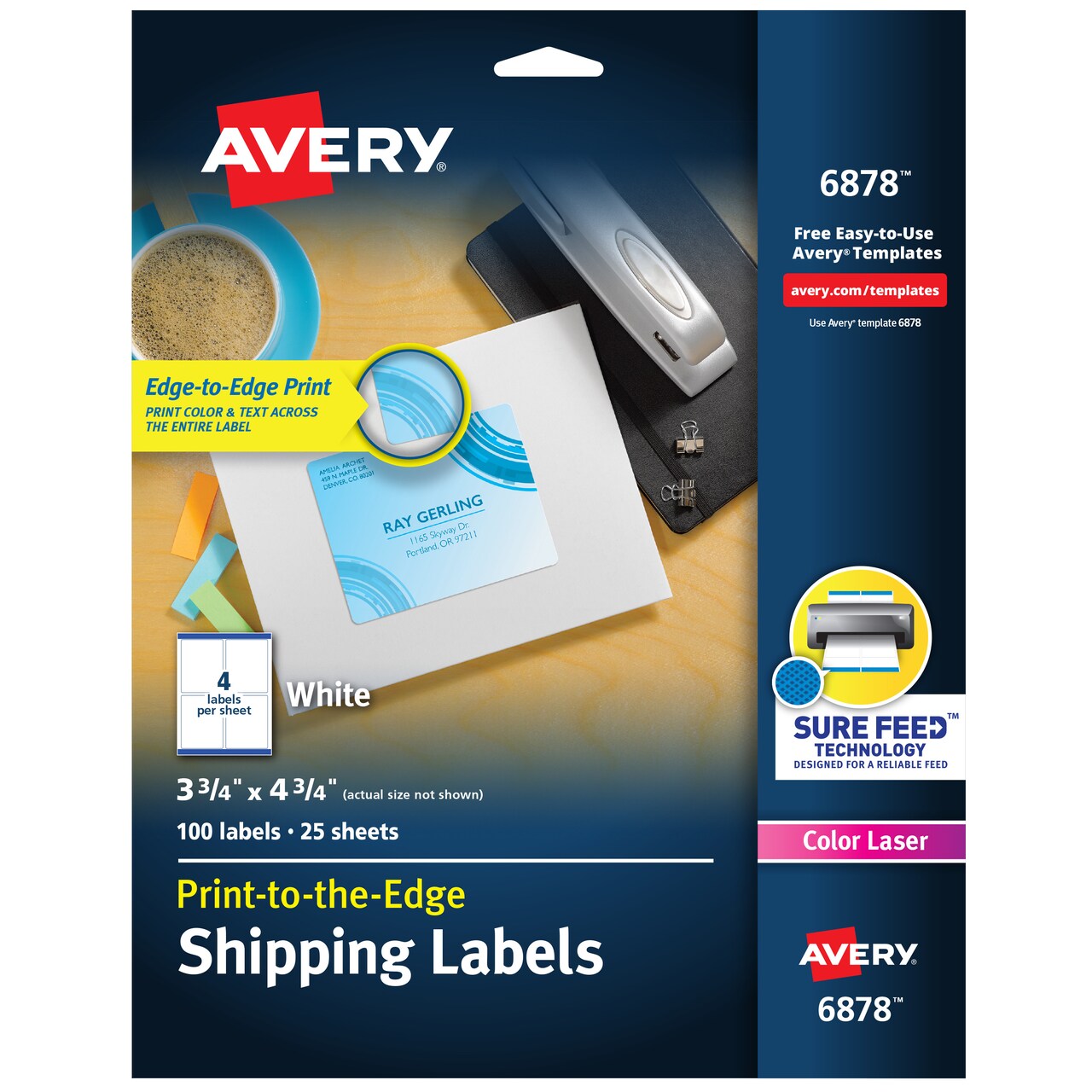 Avery® Print-to-the-Edge Printable Shipping Labels, 3.75" x 4.75", Matte White, Sure Feed® Technology, Laser & Inkjet Compatible, 100 Blank Labels, Great for Mailing, Branding, and More (6878)